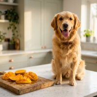 A golden retriever in a kitchen near dangerous foods like grapes and chocolate.