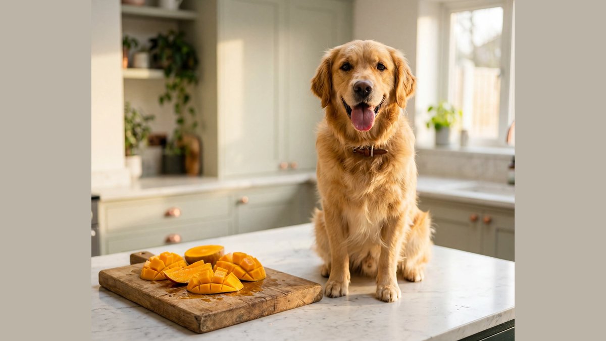A golden retriever in a kitchen near dangerous foods like grapes and chocolate.